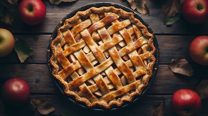 Top view. Apple cinnamon pie on a wooden table, apples on the sides of the pie