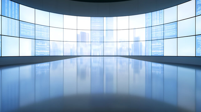 Large futuristic monitoring room with display screens showing data and cityscape reflection on the glossy floor, creating a high-tech surveillance environment.