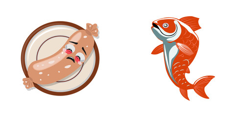 Comparison of healthy and unhealthy food illustration with crying sausage and proud salmon fish vector graphic