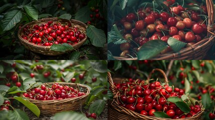 A pile of freshly picked cherries arranged in a woven basket with their vibrant red color popping against the natural tones of the basket and green leaves