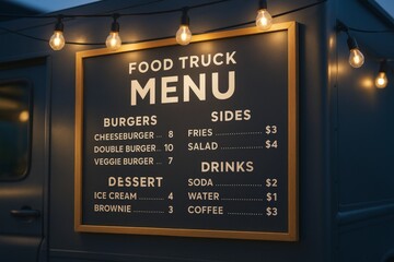 Food truck menu mockup with illuminated frame on dark vehicle exterior under string lights at night, ideal for branding and design presentations. Ai generative