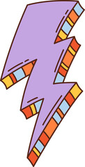 Retro groovy colorful lightning bolt hippie symbol. Electric power discharge groovy vintage vector symbol, thunderstorm abstract purple lightning bolt 80s print. Magic energy flash cartoon sticker
