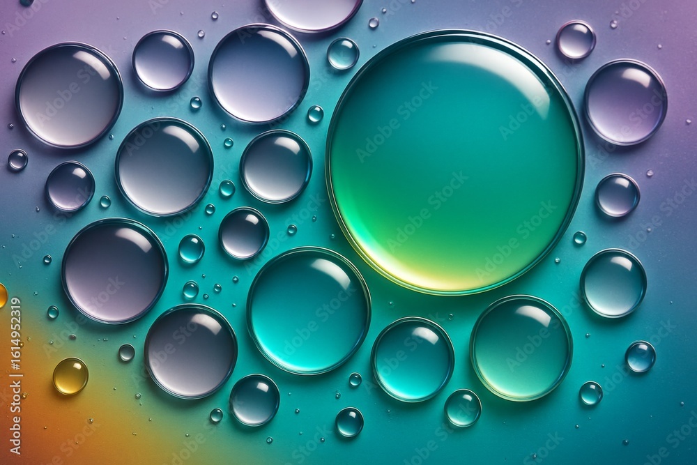 Poster abstract colored liquid bubbles floating on a smooth gradient background with glowing light reflecti