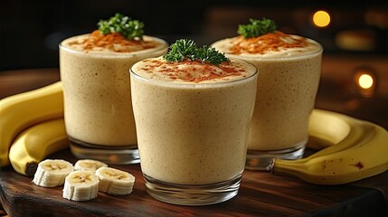 Banana smoothies are served on wood, topped with cinnamon and parsley. Perfect for illustrating healthy eating, dieting, or refreshing summer treats.
