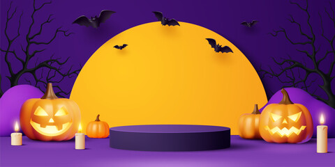 Halloween podium stand with flying bats, pumpkins and dead trees, vector horror holiday. 3d round purple display stand, pedestal and podium with spooky Halloween night pumpkin monsters and candles