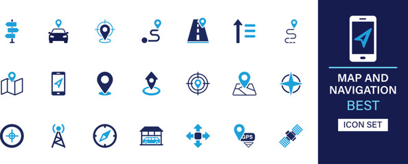 Map and navigation icon set collection. GPS, location, compass, pin, route, direction, flag, path, marker, globe, travel, guide and best solid icon set.
