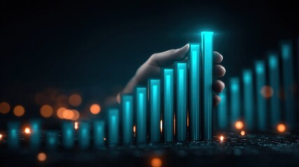Hand Holding Upward Bar Graph Symbolizing Business Growth and Market Success on Dark Background with Blue Glow Bokeh Effect