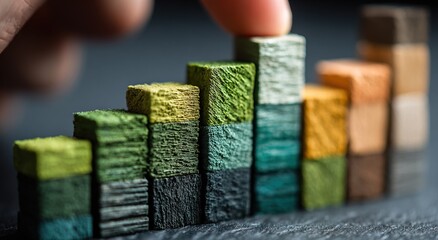 Hand on Colorful Wooden Bar Graph Showing Market Growth with 3D Layered Depth for Business Data Visualization