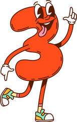 Groovy number 3 cartoon math character with funny happy face, vector mathematics emoji. Groovy number 3 or Three numeral with silly smile and funky tongue out for kids mathematics or count character