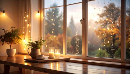 Cozy Rainy Day View Through Window with Candles and Warm Lighting