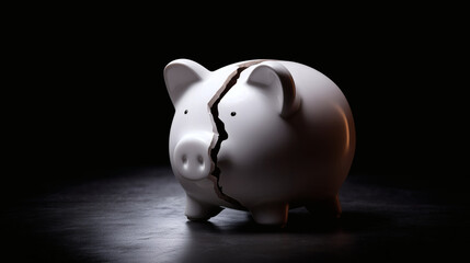 A simple, minimalist image of a classic ceramic piggy bank with a large, dramatic crack running down its side, representing a loss of savings or economic instability.