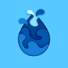 Save water paper cut banner, blue aqua drop shape with waves. Saving clean water source, marine nature and ecology 3d vector concept. Blue water drop splash ripples and waves paper cut background