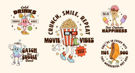 Cartoon fast food characters, groovy t shirt print and posters. Vector retro hot dog, popcorn and ice cream cone with fastfood drinks posters set. Cute groovy soda can and milk shake characters