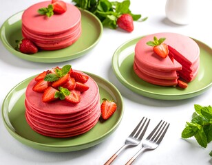 Stacked pink pancakes topped with fresh strawberries and mint on green plates