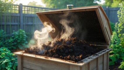 Wooden compost bin with rising steam, filled with rich dark soil in a lush garden setting during warm sunlight