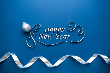 Minimalist Blue Happy New Year Background with Silver Ribbon and Christmas Ornament Decoration Design