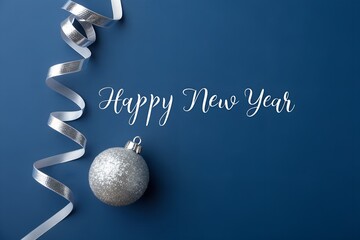 Minimalist Blue Happy New Year Background with Silver Ribbon and Christmas Ornament Decoration Design