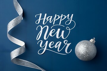 Minimalist Blue Happy New Year Background with Silver Ribbon and Christmas Ornament Decoration Design