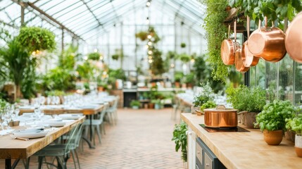 Greenhouse Kitchen Serenity: A sunlit greenhouse setting houses a kitchen space, offering a blend of culinary artistry and natural elegance. Culinary tools like copper pots hang gracefully.