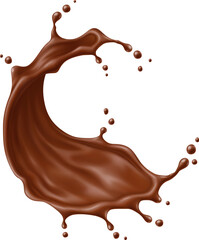 Chocolate drink flow splash and wave. Realistic 3d vector curved dynamic confectionery dessert splashing arcs with scattered droplets, conveying fluid motion and creamy richness with glossy texture