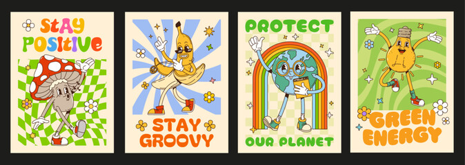 Groovy groovie posters with retro cartoon dancing amanita mushroom, hippie banana, earth with rainbow and cheerful lightbulb characters promoting positivity, sustainability and environmental awareness