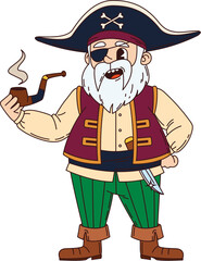 Cartoon pirate and corsair sailor character with smoking pipe. Isolated vector cheerful groovy bearded captain personage in tricorn hat with crossbones and an eyepatch stands confidently and smokes