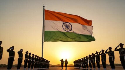 Soldiers Saluting Large Flag During Sunset Ceremony Motion