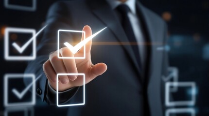 Business checklist concept with businessman ticking boxes for project management task