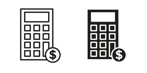 Calculator and dollar icon set, line and black glyph style for food app website.