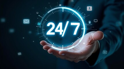 Round the clock service open hours availability support time always on never closed concept