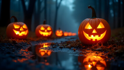 Fototapeta premium Halloween Glowing jack-o'-lanterns reflected in a puddle, dramatic lighting and mist on a nighttime path, perfect for Halloween storybook backgrounds (2)