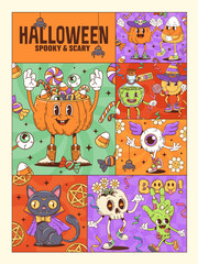 Halloween groovy characters collage poster with cute, spooky and quirky cartoon pumpkin, witch, black cat, eyeball, skeleton, and zombie hand, bursting with candy, flowers, and festive decorations