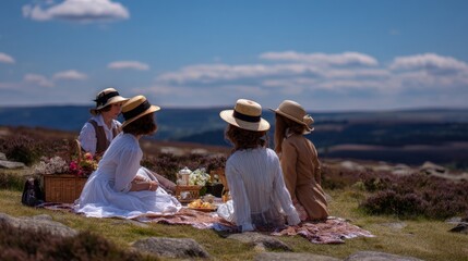 Group of young caucasian women enjoying a scenic outdoor picnic in sun hats