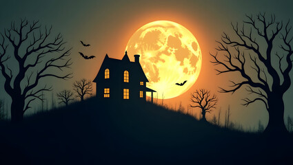 Fototapeta premium Halloween Haunted house silhouette on a hill with a giant glowing moon, twisted branches in the foreground, bats flying (3)