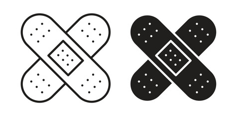 Band aid icon set, line and black glyph style for food app website.