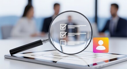 Magnifying glass focusing on a digital tablet displaying a candidate checklist and user profile icon in a modern office setting.