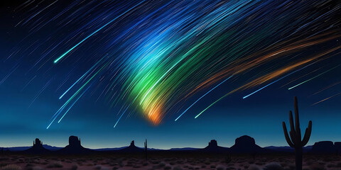 Colorful Meteor Shower Over Desert Night Sky with Cactus and Rock Silhouettes

