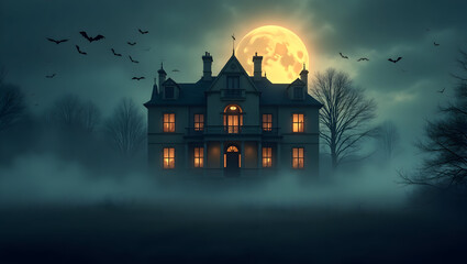 Fototapeta premium Halloween Haunted manor house with ornate balconies and grand doors, set in a field of fog and surrounded by bats, golden full moon illuminating the scene (2)