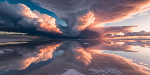 Pink and Blue Sunset Clouds Reflected in Calm Water Creating Serene Symmetry

