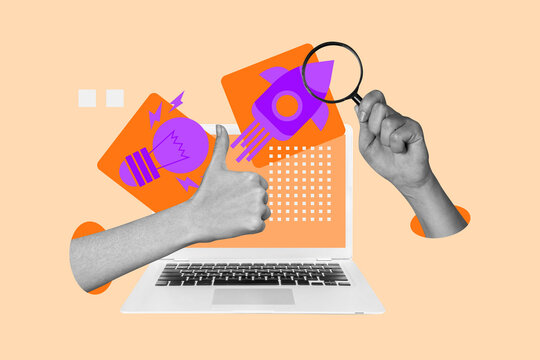 Composite trendy magazine photo collage of hands hold pencil laptop programming light bulb blackout rocket launch startup