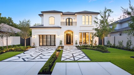 Modern Luxury Residence: A stately modern luxury residence stands prominently, its elegant facade of white stucco. The architecture and landscape exude sophistication and curb appeal.