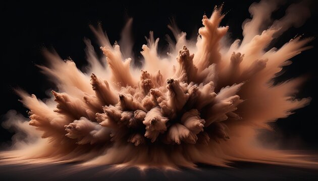 Abstract brown dust explosion on black background.Brown powder splashing.