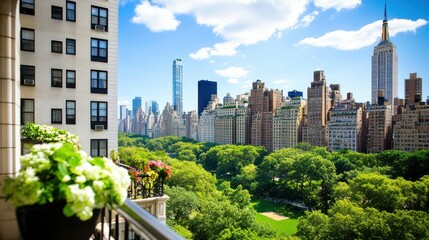 Fototapeta premium City Skyline View: A picturesque urban panorama, showcasing a vibrant cityscape. The view from a balcony, featuring trees, and the iconic building against a clear, bright sky.