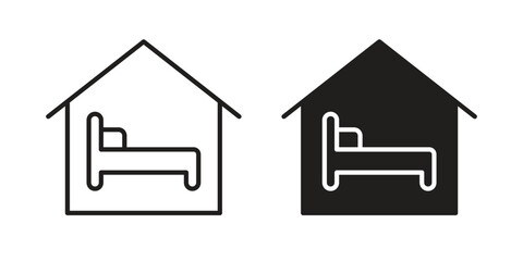 Accommodation icon set, line and black glyph style for food app website.