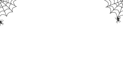 Fototapeta premium Halloween Minimalist white background with thin black spiderwebs in two corners and tiny spiders hanging down, leaving plenty of blank space for text or logos (2)