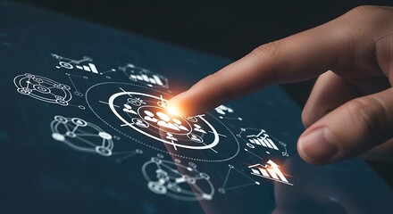 Close-up of a human finger interacting with a glowing central node on a holographic business analytics interface, surrounded by interconnected data and user icons.