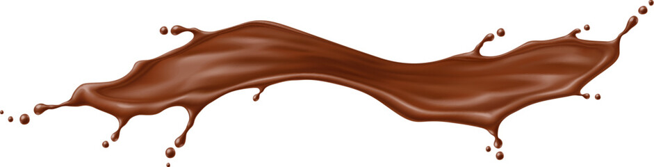 Chocolate drink flow splash and wave, realistic splatter. 3d vector cocoa dessert swirl drink or flow stream with splatters. Brown coffee stream with drops, liquid splashing with dynamic droplets