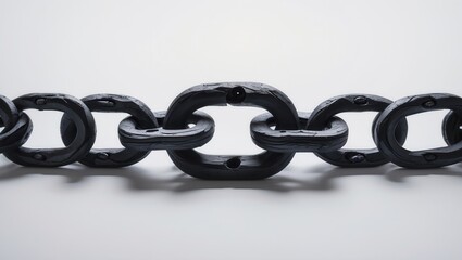 Obraz premium A close-up view of a heavy-duty black metal chain displayed against a light gray background, showcasing its links and texture