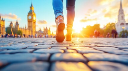 London Stroll: Captured with precision, this photograph offers a unique perspective of someone's feet as they traverse a cobblestone path in London.