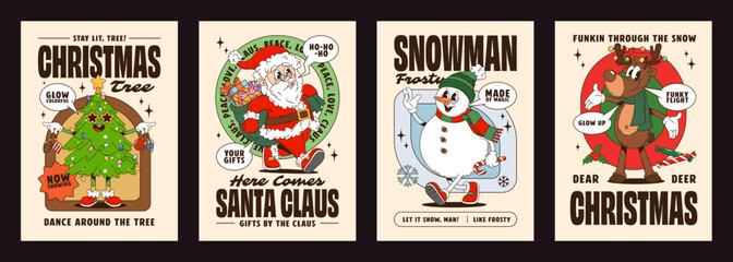 Cartoon groovy characters posters with y2k hippie personages. Vector retro Christmas holiday cards with funny and funky Santa, snowman, reindeer and dancing Xmas tree, bold typography and festive vibe © Buch&Bee